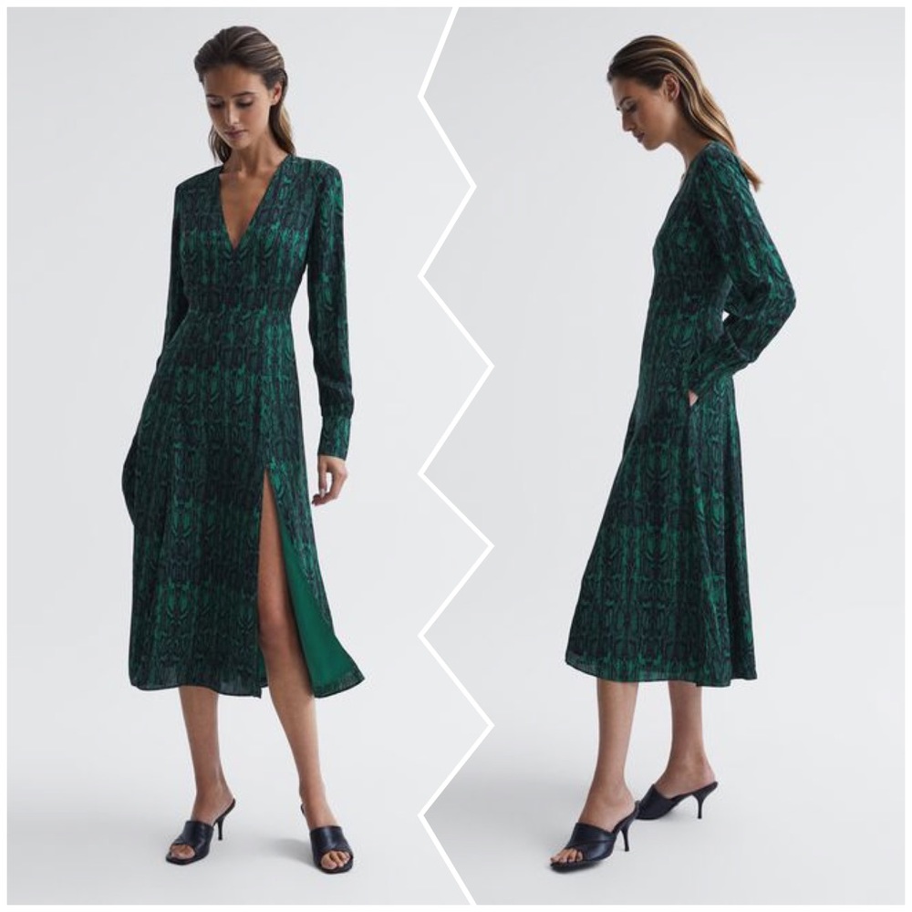 Reiss GRETA LONG SLEEVE PRINTED MIDI DRESS